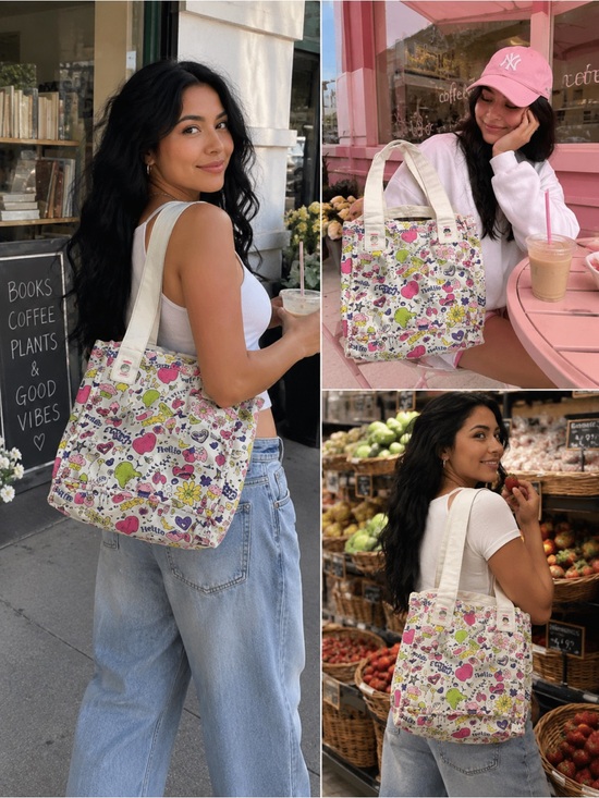 Handbags - Cute Kawaii Colorful Canvas Tote Bag | Hearts, Strawberries & Fun Print